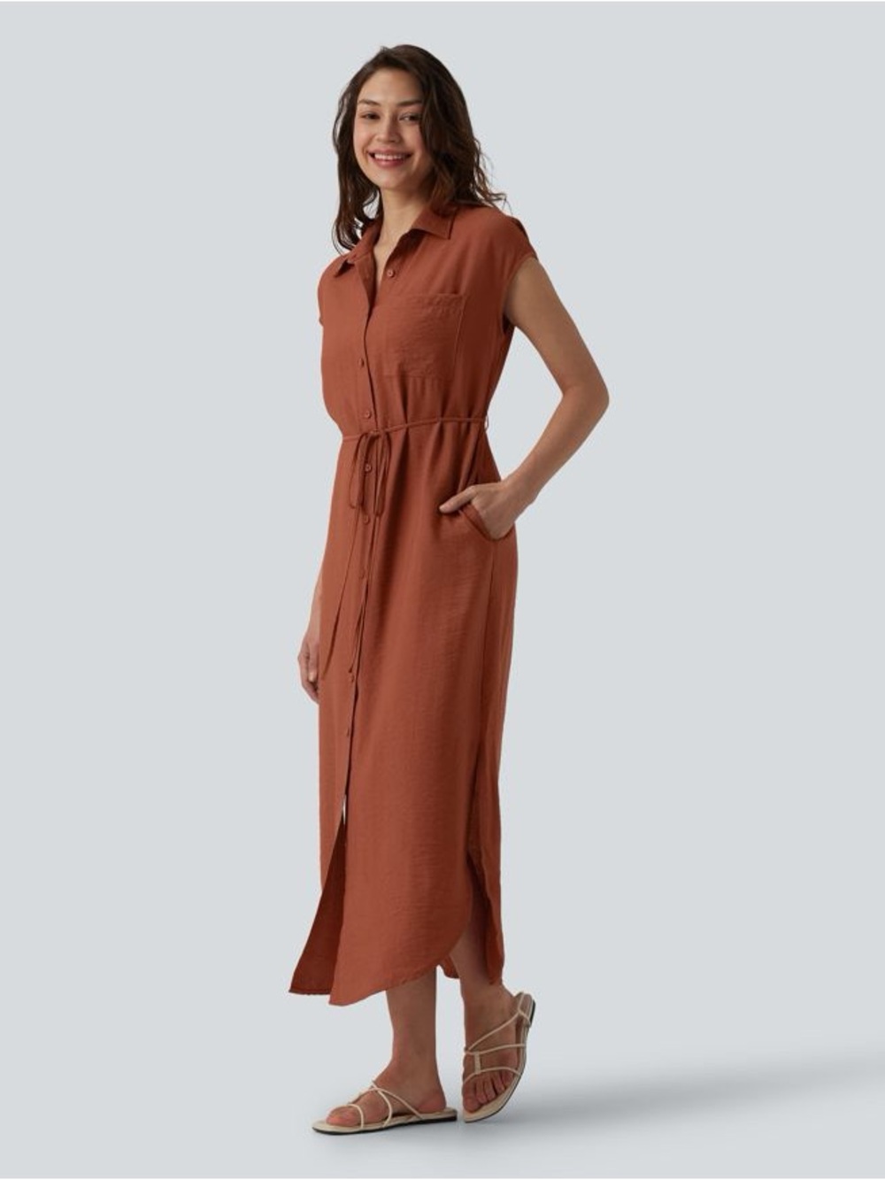 HALARA Rust Brown Button-Front Maxi Dress